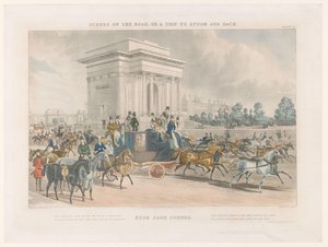 Utsikt over en gate og Wellington Arch ved Hyde Park Corner Hye Park Corner (tittel på objekt) Gatelandskap rundt Epsom (serietittel) Scener på veien, eller en tur til Epsom og tilbake (serietittel)