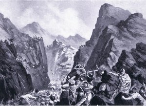 Utslettelse av den greske hæren, illustrasjon fra Hutchinsons History of the Nations VOL 4 ca. 1920-tallet av John Harris Valda