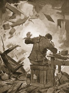 Bombardier French avslutter meldingen sin etter at et granat hadde kommet gjennom rommet der han ringte (litho) av John Harris Valda