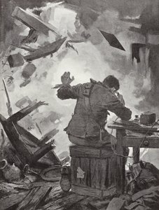Bombardier W H French avsluttet meldingen sin etter at et granat hadde kommet gjennom rommet der han ringte, Helpegarde, første verdenskrig av John Harris Valda