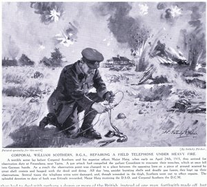 Korporal William Scothern RGA som reparerte en felttelefon under kraftig ild ble tildelt DCM Ypres mai 1915 av John Harris Valda