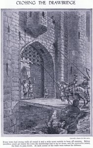 Krysser vindebroen. Hver by har sterke murer og en vollgrav, en vindebro og en portcullis for forsvar, ca. 1950 av John Harris Valda