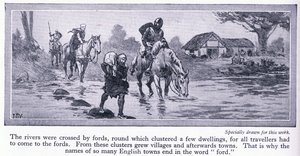England i middelalderen. Elver ble krysset av vadesteder, rundt hvilke det var samlet noen boliger og landsbyer, ca. 1950 av John Harris Valda