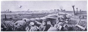 Gassangrep på skyttergravene til 2nd Lancashire Fusiliers der menig Lyn mistet livet, men vant VC. Ypres april 1915 av John Harris Valda