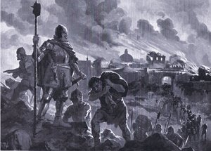 Ivan the Black setter fyr på Zhabliak 1484, fra Hutchinsons History of the Nations (Volume 4) utgitt av Hutchinson, ca. 1920 (litho) av John Harris Valda