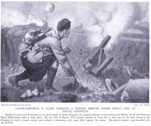Underkorporal P McNee arbeider med en grøftemørtel under kraftig ild ved Neuve Chapelle av John Harris Valda