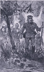 Livingstone skjøt mot løven, men løven angrep ham og bet skulderen hans og brakk venstre arm, Newnes Pictorial Knowledge utgitt av Newnes, ca. 1950-tallet (litho) av John Harris Valda