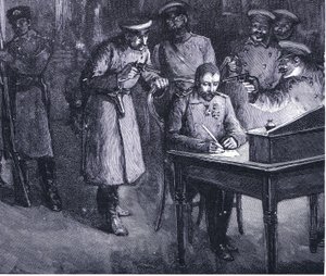 Prins Alexander signerer sin abdikasjon 1886, illustrasjon fra Hutchinsons History of the Nations VOL 4 ca. 1920-tallet av John Harris Valda