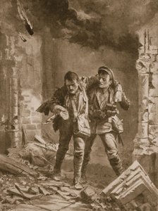 Privat A.E. Walker hjelper en såret kamerat fra en brennende kirke som ble brukt som sykehus av John Harris Valda
