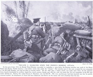 Menig F Hamilton tildelte DCM ved å stoppe fiendens bombeangrep juli 1915 ved Hooge av John Harris Valda