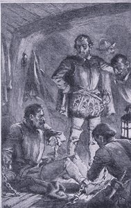 Santiago ble sendt i forkant for å utforske, løp i land og ble vraket, Newnes Pictorial Knowledge utgitt av Newnes, ca. 1950-tallet (litho) av John Harris Valda
