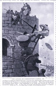Angrepet på Carmarthen Castle AD1136, 1920-tallet av John Harris Valda