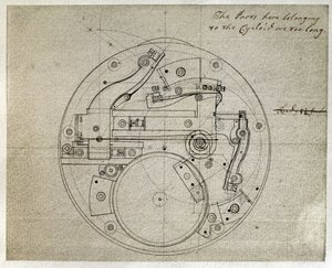 Tegning av utformingen av bevegelsen til H4-tidtakeren av John Harrison (1693-1776), ca. 1759 (penn og blekk på papir)