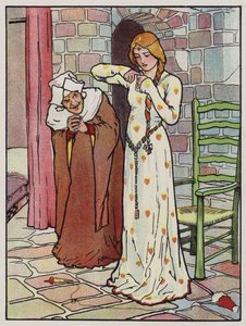 Rosanne stikker seg i hånden med spindelen (farge litho) av John Hassall