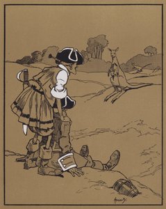 Oppdagelsen av kenguruen (farge litho) av John Hassall