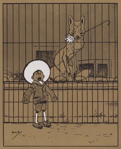 "Besøkende som stikker hendene gjennom skinnene rådes til å se at de får dem tilbake" (farge litho) av John Hassall