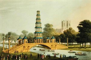 Den kinesiske broen og pagoden, reist i parken til minne om den strålende freden i 1814, gravert av Matthew Dubourg (fl.1785-20)