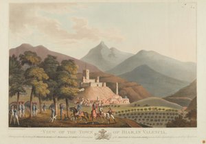 En utsikt over byen Briar, Valencia, gravert av Dubourg, 1814 (farget akvatint)