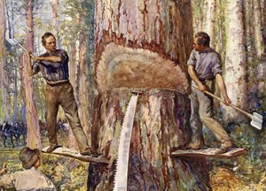 Tømmermenn som kutter tømmer (farge litho)