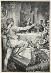 Beowulf svarer hovmodig til Hunferth, fra "Hero Myths and Legends of the British Race" av M.I. Ebbutt, 1910