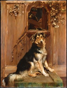En hund og et speil (olje på lerret)