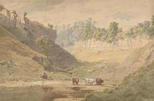 Storfe ved et vannhull i en dal, 1830-86. av John Henry Mole