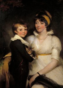 Ung kvinne og liten gutt holder et kattemaleri av John Hoppner (1758-1810) av John Hoppner