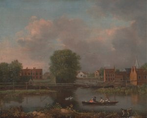 Et elvelandskap, muligens en utsikt fra West End av Rochester Bridge av John Inigo Richards RA