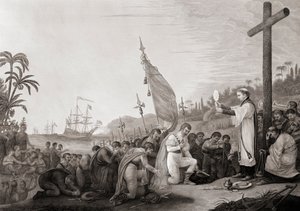 Columbus lander i den nye verden (gravering) av John James (after) Barralet