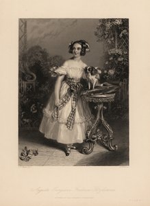 Augusta Georgina Frederica Fitzclarence, datter av Lord Frederic Fitzclarence, uekte sønn av kong William IV. Hun bærer håret i ringlets og bånd, og bærer en off-the-skulder kjole bundet med en sash, holder en King Charles spaniel på en pute av John James (after) Chalon