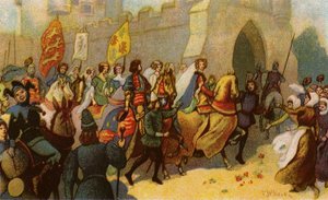 Kong Edward III og hans adelsmenn eskorterte Philippa av Hainaut til York av John Jellicoe