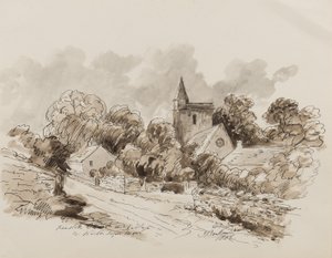 Kewstoke Church and Village, Weston Super Mare, Somerset, 1882 (penn, pensel og blekk på papir) av John Joseph Barker