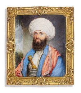 James Silk Buckingham (1786-1855), i hvit skjorte med en lyseblå frakk, rosa brodert sjal rundt skuldrene og en hvit turban med en dolk festet i cummerbundet, landskapsbakgrunn med en moske av John Jukes