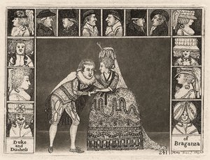 Mary Ann Yates og Laurence Clinch spiller hertugen og hertuginnen av Braganza i Braganza omgitt av publikum. 1785 av John Kay