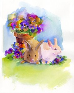 Kaniner med stemorsblomster, 2014, (akvarell) av John Keeling