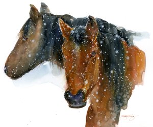 Hester om vinteren, 2015, (akvarell) av John Keeling