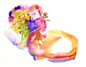 Oransje katt med blomster, 2014, (akvarell)