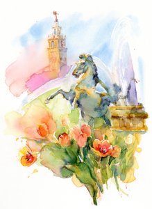 Plaza Spring, 2016, (akvarell) av John Keeling
