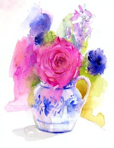 Rose og kornblomster i Pitcher, 2017 (akvarell)