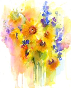 Solsikker og delphinium, 2016, (akvarell)