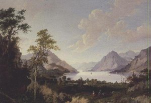 Landskap med innsjø og fjell