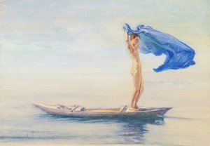 Jente i kanobu som sprer ut lendeduken for et seil, Samoa, ca. 1895-96 (wc og gouache om bord)