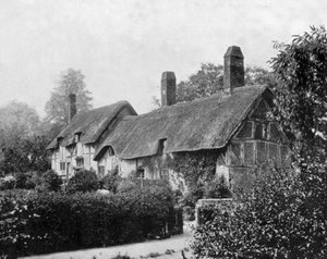 Hytte (hus) til Ann Hathaway (Shakespeares kone) i Stratford upon Avon, England, foto ca. 1890 (s/hvitt-bilde)