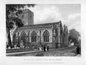 Magdalen Church, fra Broad Street, Oxford, 1833. av John Le Keux
