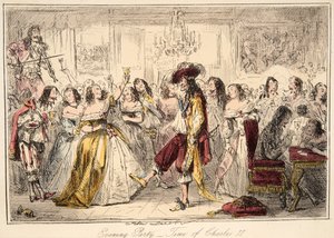 Evening Party - Time of Charles the Second, fra The Comic History of England, pub. 1864 (håndfarget etsning)