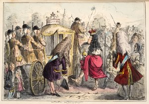 Georget Porgey den første Går ut på en tur i sin State Coachy Pachy, fra The Comic History of England, pub. 1864 (håndfarget etsning) av John Leech