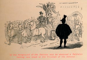 I forgrunnen av tablået kan man observere en patricier som ser veldig svart ut på triumfen av t av John Leech