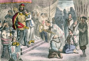 Dronning Philippa går i forbønn med Edward III for de seks burgerne i Calais av John Leech