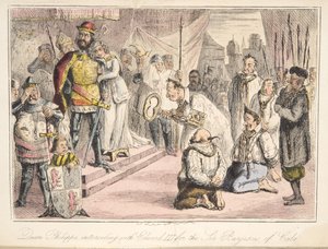 Dronning Philippa går i forbønn med Edward III, for Six Burgesses of Calais, fra The Comic History of England, pub. 1864 (håndfarget etsning)