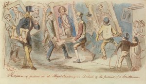 Mottak av bilder ved Royal Academy - Arrival of the Portrait of a Gentleman, 1846 (penn og blekk og wc) av John Leech